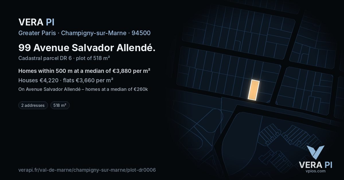 99 Avenue Salvador Allendé, Champigny-sur-Marne at night – the plot lit, the parcels around coloured by the prices near them