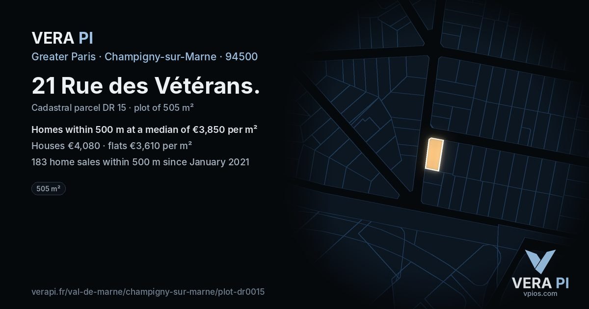 21 Rue des Vétérans, Champigny-sur-Marne at night – the plot lit, the parcels around coloured by the prices near them