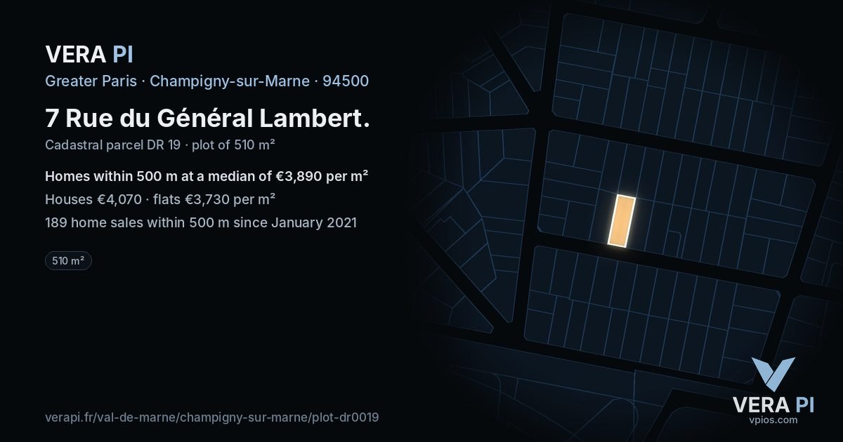 7 Rue du Général Lambert, Champigny-sur-Marne at night – the plot lit, the parcels around coloured by the prices near them