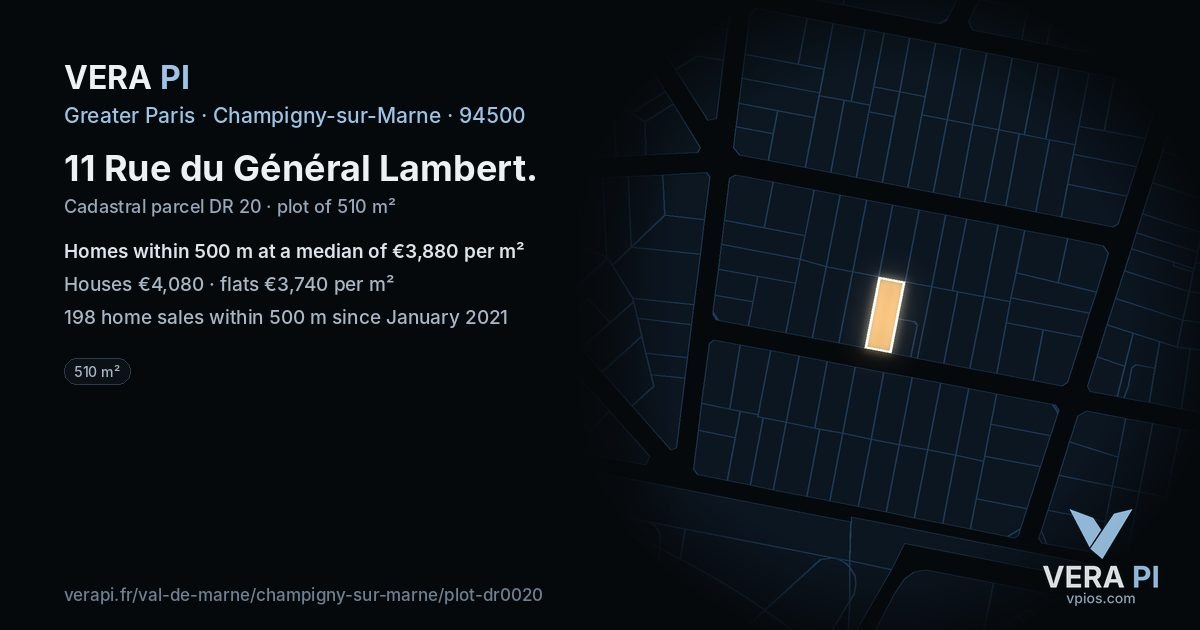 11 Rue du Général Lambert, Champigny-sur-Marne at night – the plot lit, the parcels around coloured by the prices near them