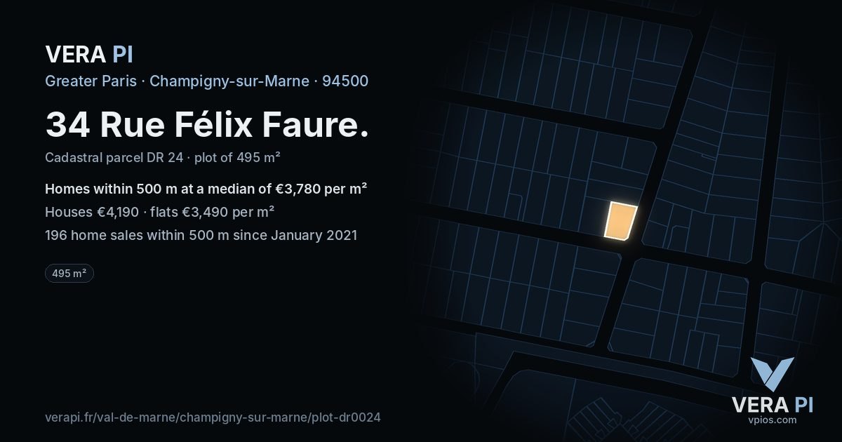 34 Rue Félix Faure, Champigny-sur-Marne at night – the plot lit, the parcels around coloured by the prices near them