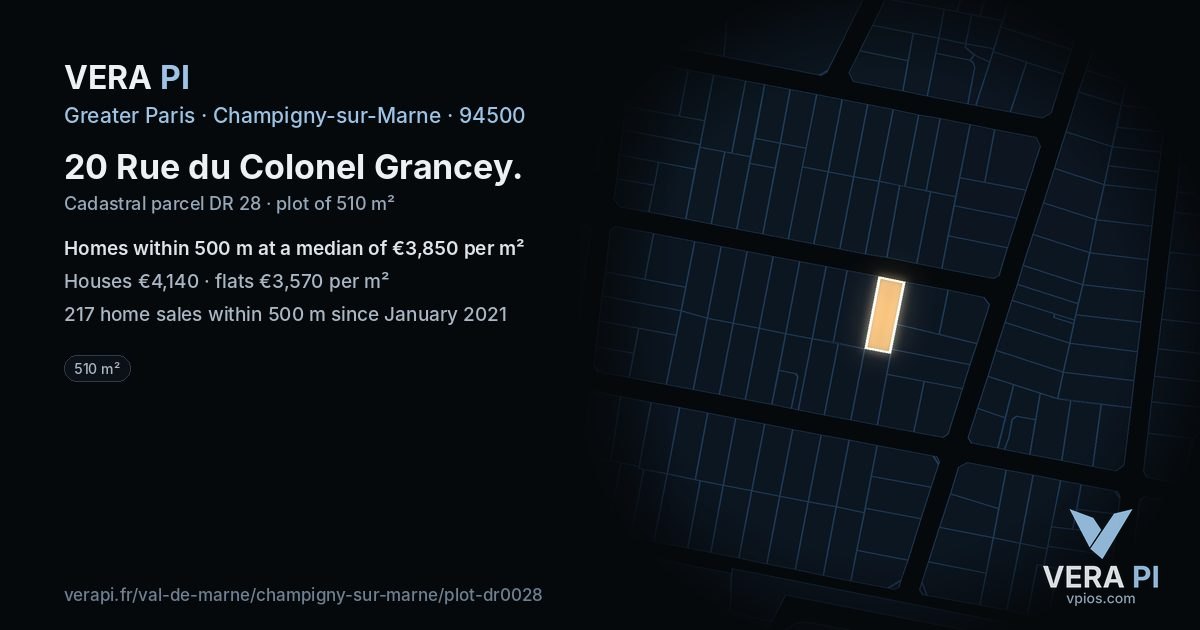 20 Rue du Colonel Grancey, Champigny-sur-Marne at night – the plot lit, the parcels around coloured by the prices near them