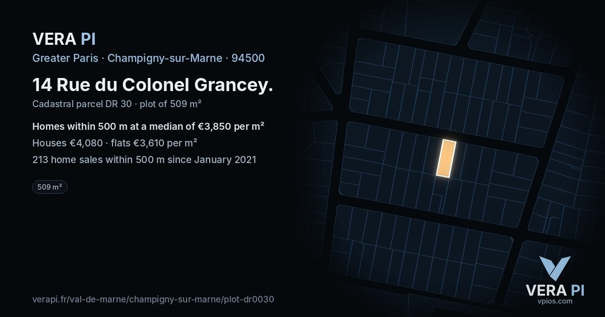 14 Rue du Colonel Grancey, Champigny-sur-Marne at night – the plot lit, the parcels around coloured by the prices near them