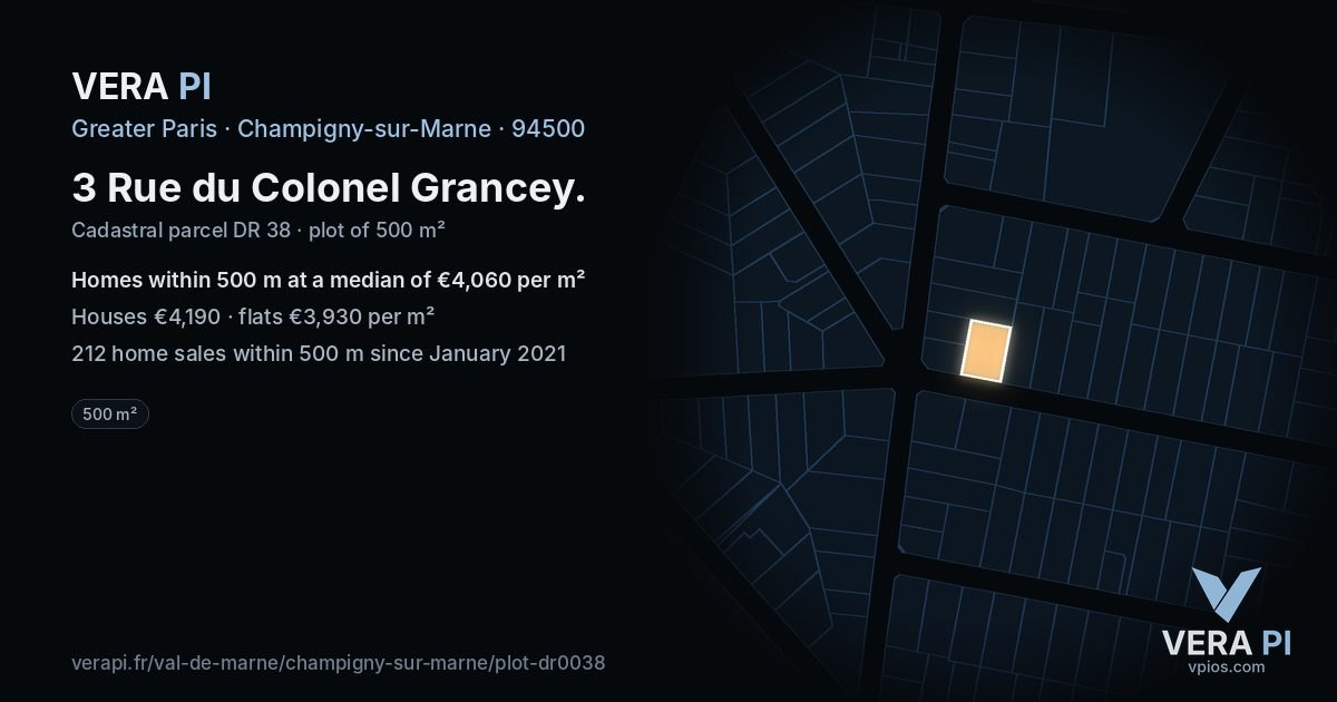 3 Rue du Colonel Grancey, Champigny-sur-Marne at night – the plot lit, the parcels around coloured by the prices near them