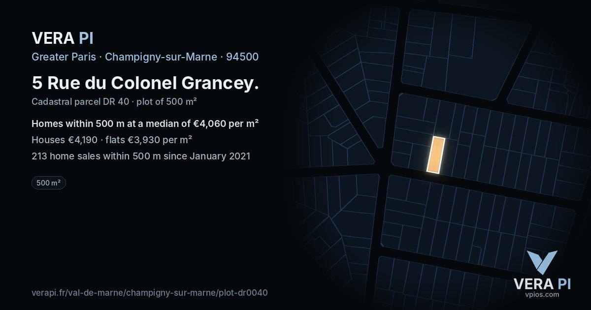 5 Rue du Colonel Grancey, Champigny-sur-Marne at night – the plot lit, the parcels around coloured by the prices near them