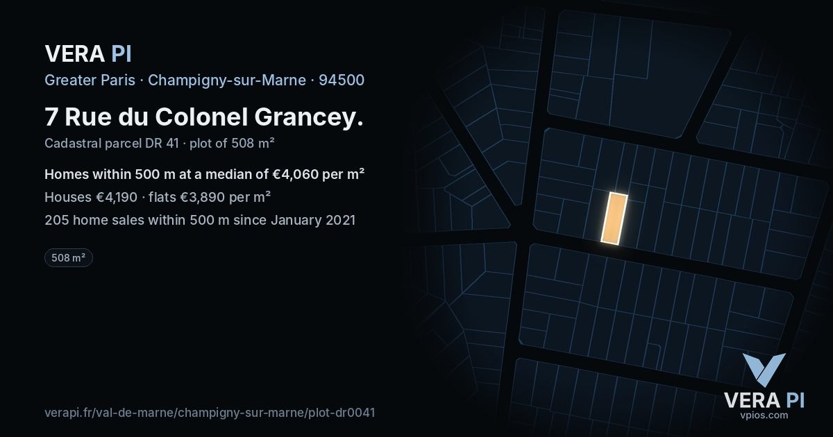 7 Rue du Colonel Grancey, Champigny-sur-Marne at night – the plot lit, the parcels around coloured by the prices near them