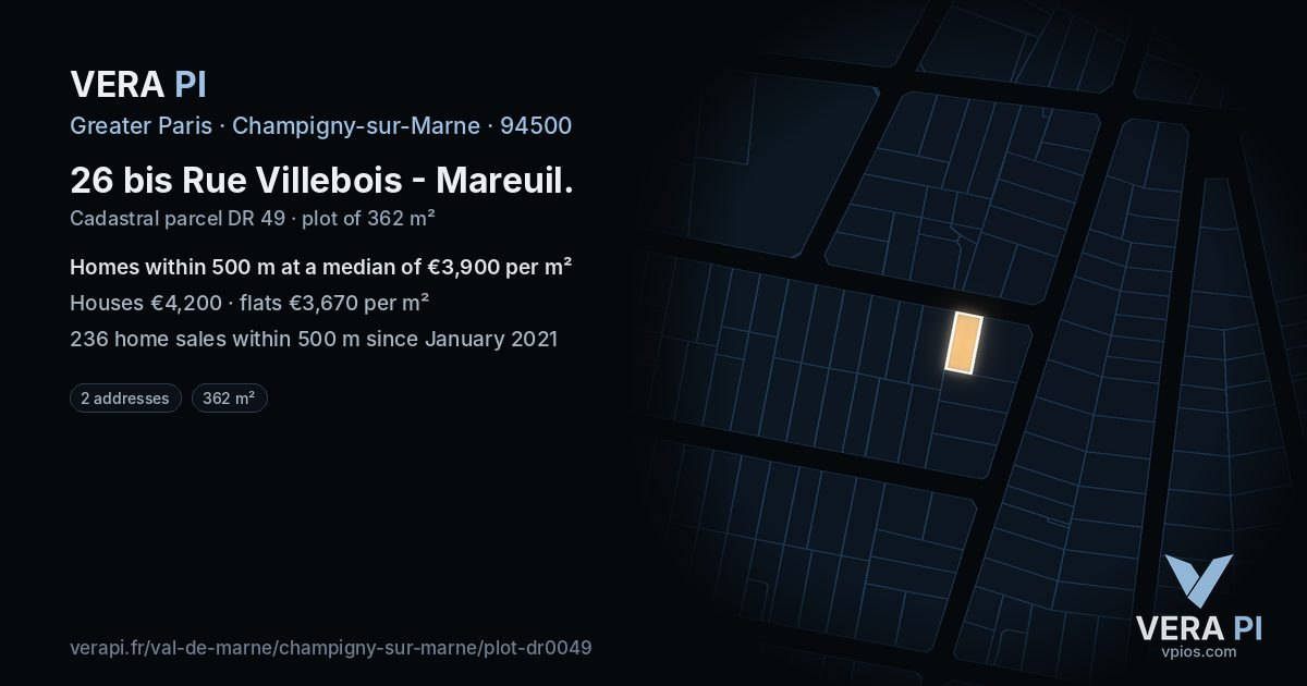 26 bis Rue Villebois - Mareuil, Champigny-sur-Marne at night – the plot lit, the parcels around coloured by the prices near them