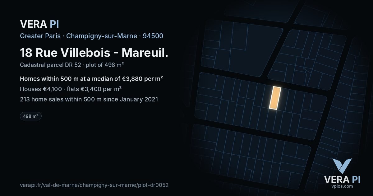 18 Rue Villebois - Mareuil, Champigny-sur-Marne at night – the plot lit, the parcels around coloured by the prices near them