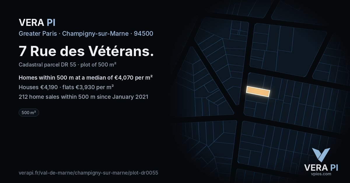 7 Rue des Vétérans, Champigny-sur-Marne at night – the plot lit, the parcels around coloured by the prices near them
