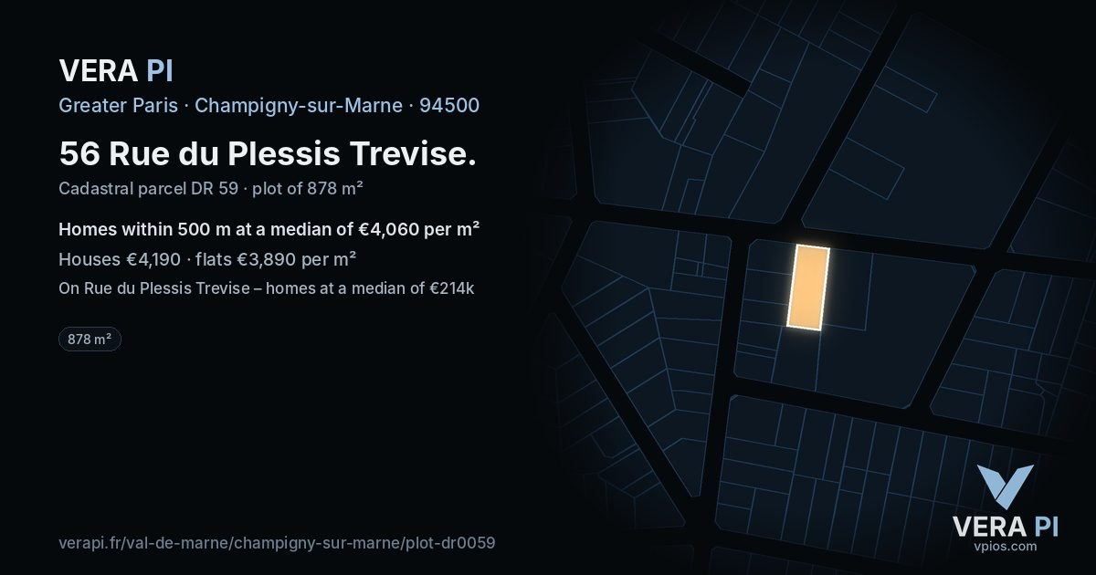 56 Rue du Plessis Trevise, Champigny-sur-Marne at night – the plot lit, the parcels around coloured by the prices near them
