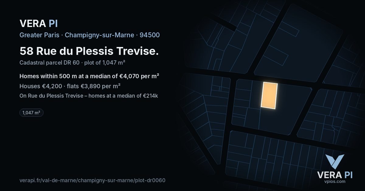 58 Rue du Plessis Trevise, Champigny-sur-Marne at night – the plot lit, the parcels around coloured by the prices near them