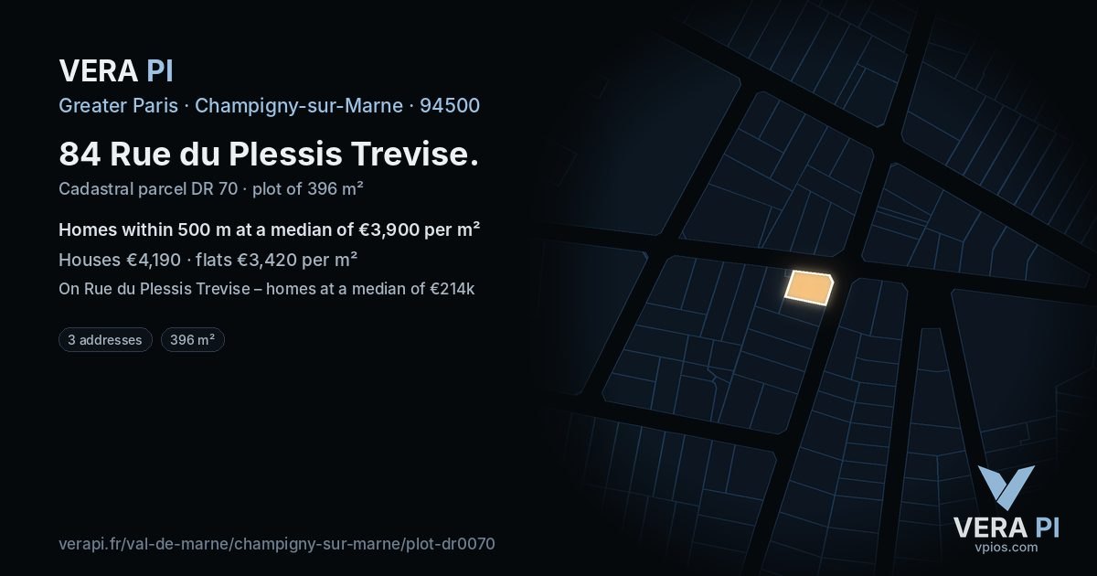 84 Rue du Plessis Trevise, Champigny-sur-Marne at night – the plot lit, the parcels around coloured by the prices near them