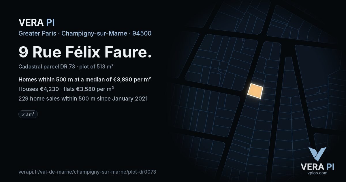 9 Rue Félix Faure, Champigny-sur-Marne at night – the plot lit, the parcels around coloured by the prices near them