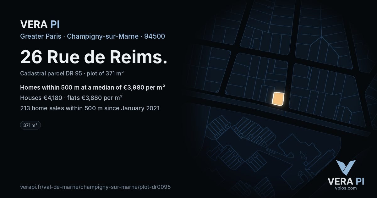 26 Rue de Reims, Champigny-sur-Marne at night – the plot lit, the parcels around coloured by the prices near them
