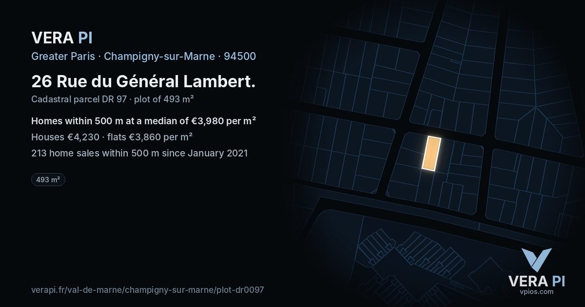 26 Rue du Général Lambert, Champigny-sur-Marne at night – the plot lit, the parcels around coloured by the prices near them
