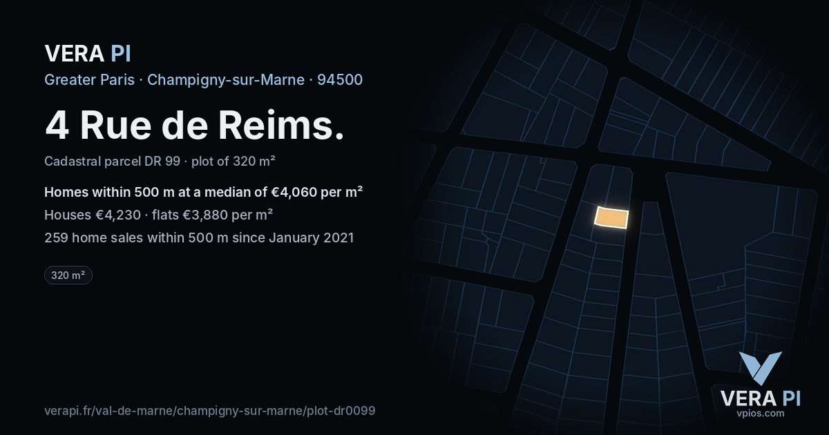 4 Rue de Reims, Champigny-sur-Marne at night – the plot lit, the parcels around coloured by the prices near them