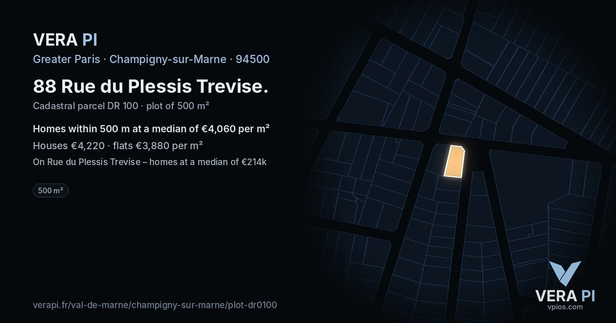 88 Rue du Plessis Trevise, Champigny-sur-Marne at night – the plot lit, the parcels around coloured by the prices near them