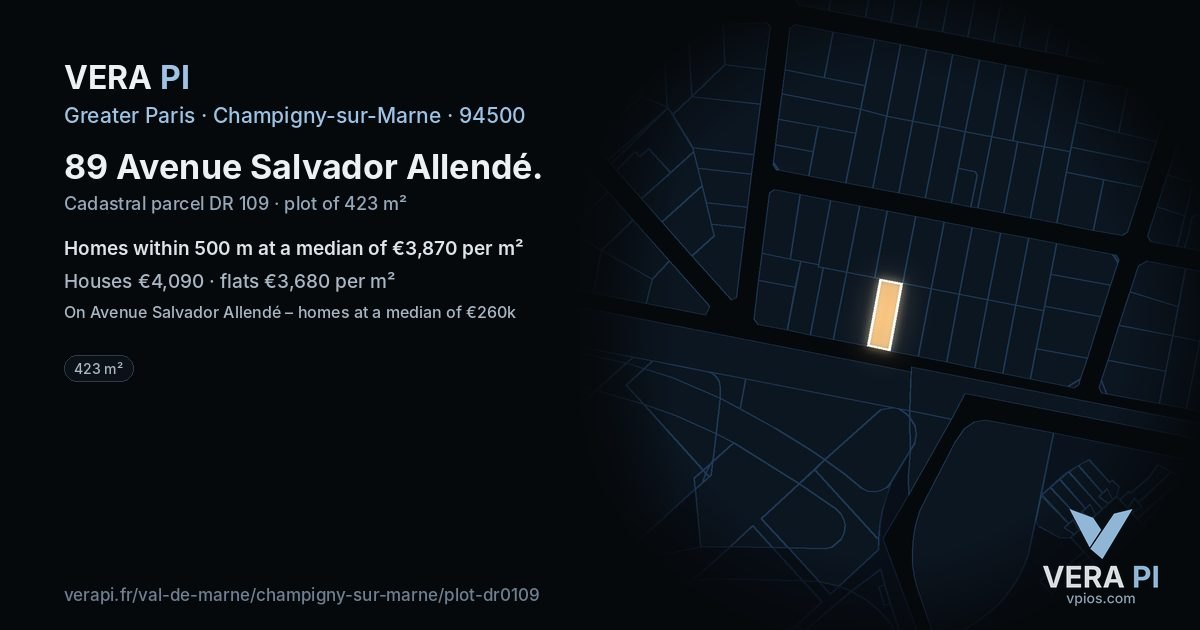 89 Avenue Salvador Allendé, Champigny-sur-Marne at night – the plot lit, the parcels around coloured by the prices near them