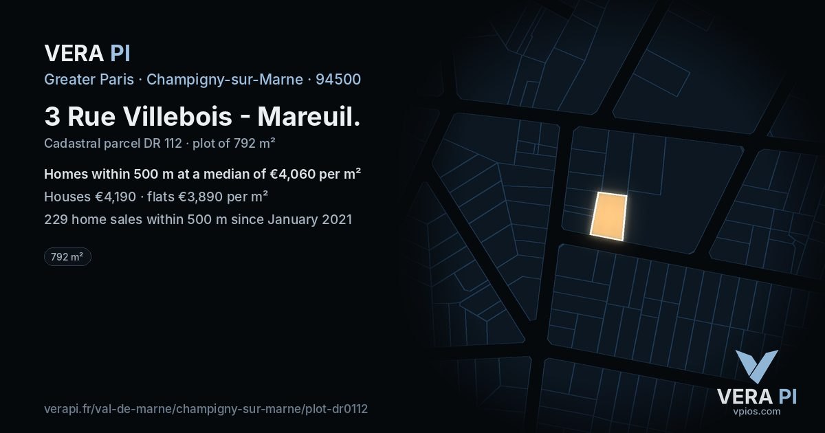 3 Rue Villebois - Mareuil, Champigny-sur-Marne at night – the plot lit, the parcels around coloured by the prices near them