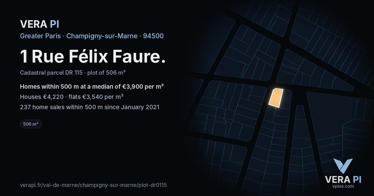 1 Rue Félix Faure, Champigny-sur-Marne at night – the plot lit, the parcels around coloured by the prices near them