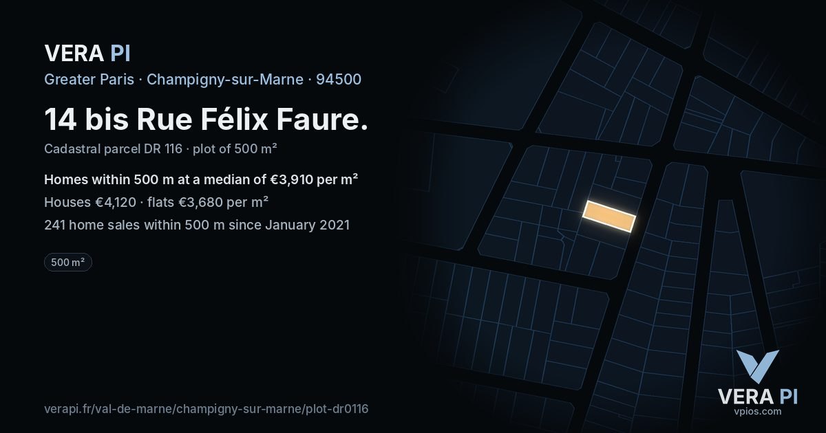 14 bis Rue Félix Faure, Champigny-sur-Marne at night – the plot lit, the parcels around coloured by the prices near them