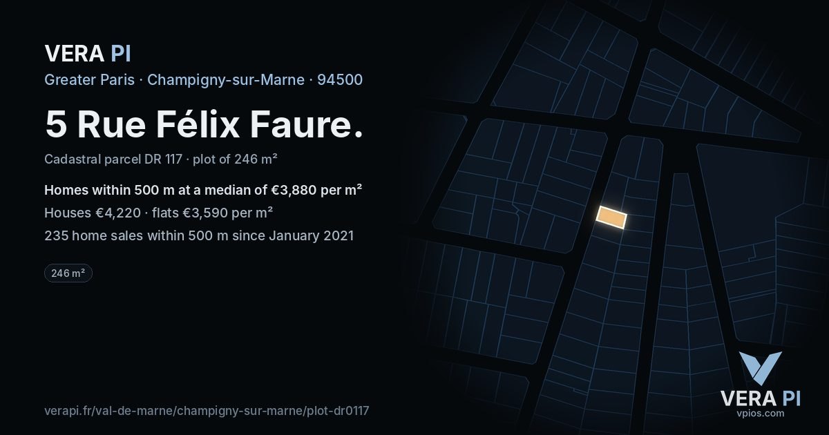 5 Rue Félix Faure, Champigny-sur-Marne at night – the plot lit, the parcels around coloured by the prices near them