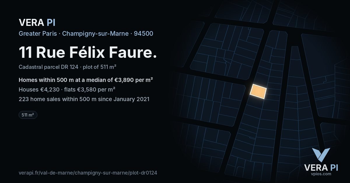 11 Rue Félix Faure, Champigny-sur-Marne at night – the plot lit, the parcels around coloured by the prices near them