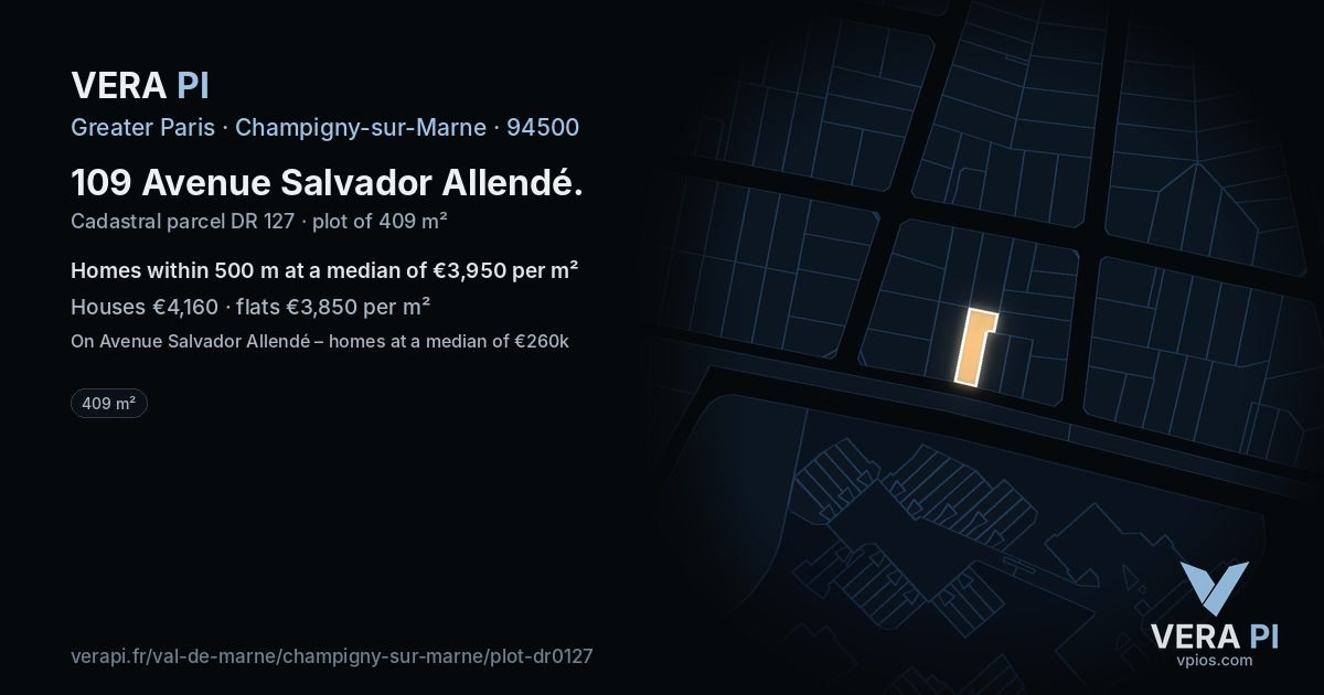 109 Avenue Salvador Allendé, Champigny-sur-Marne at night – the plot lit, the parcels around coloured by the prices near them