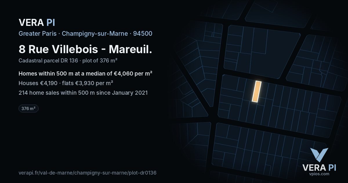 8 Rue Villebois - Mareuil, Champigny-sur-Marne at night – the plot lit, the parcels around coloured by the prices near them