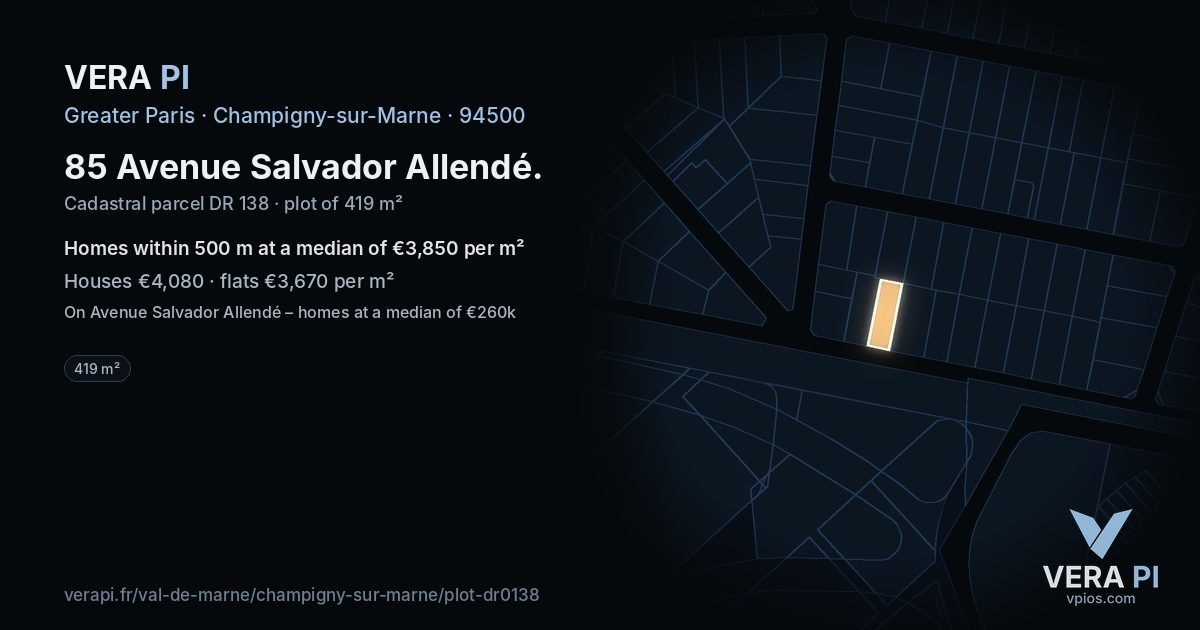 85 Avenue Salvador Allendé, Champigny-sur-Marne at night – the plot lit, the parcels around coloured by the prices near them