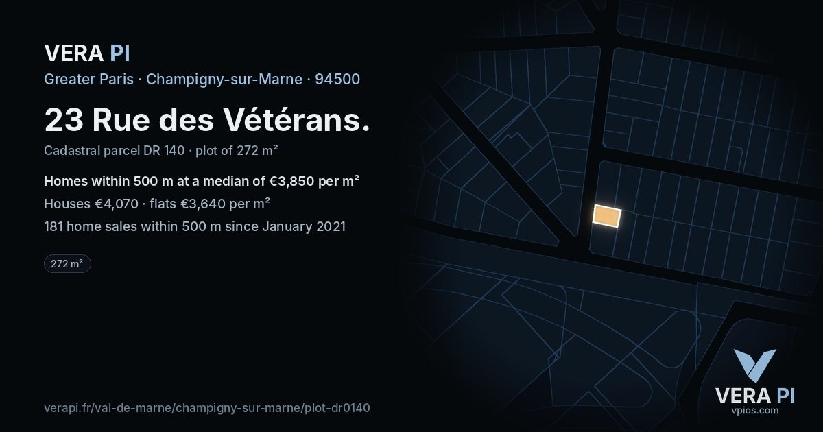 23 Rue des Vétérans, Champigny-sur-Marne at night – the plot lit, the parcels around coloured by the prices near them