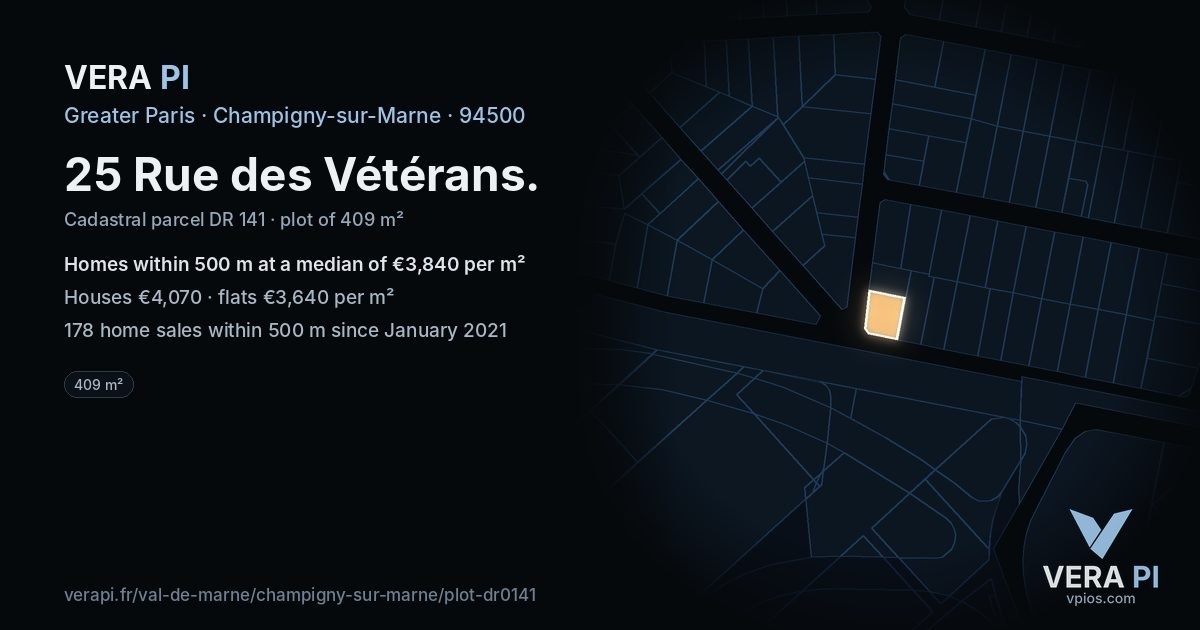 25 Rue des Vétérans, Champigny-sur-Marne at night – the plot lit, the parcels around coloured by the prices near them