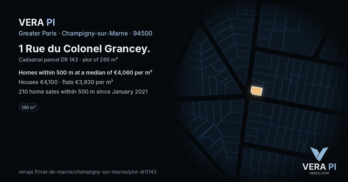 1 Rue du Colonel Grancey, Champigny-sur-Marne at night – the plot lit, the parcels around coloured by the prices near them