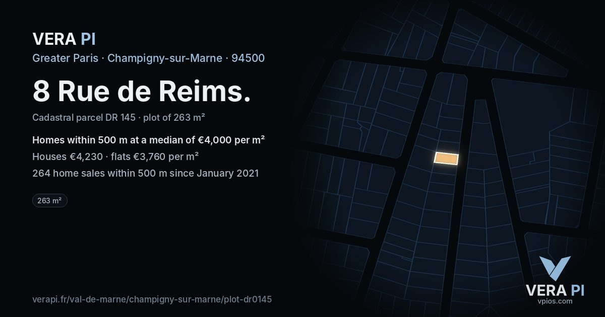 8 Rue de Reims, Champigny-sur-Marne at night – the plot lit, the parcels around coloured by the prices near them