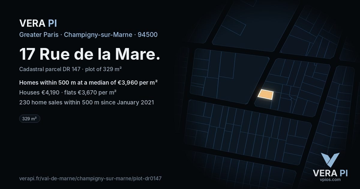 17 Rue de la Mare, Champigny-sur-Marne at night – the plot lit, the parcels around coloured by the prices near them
