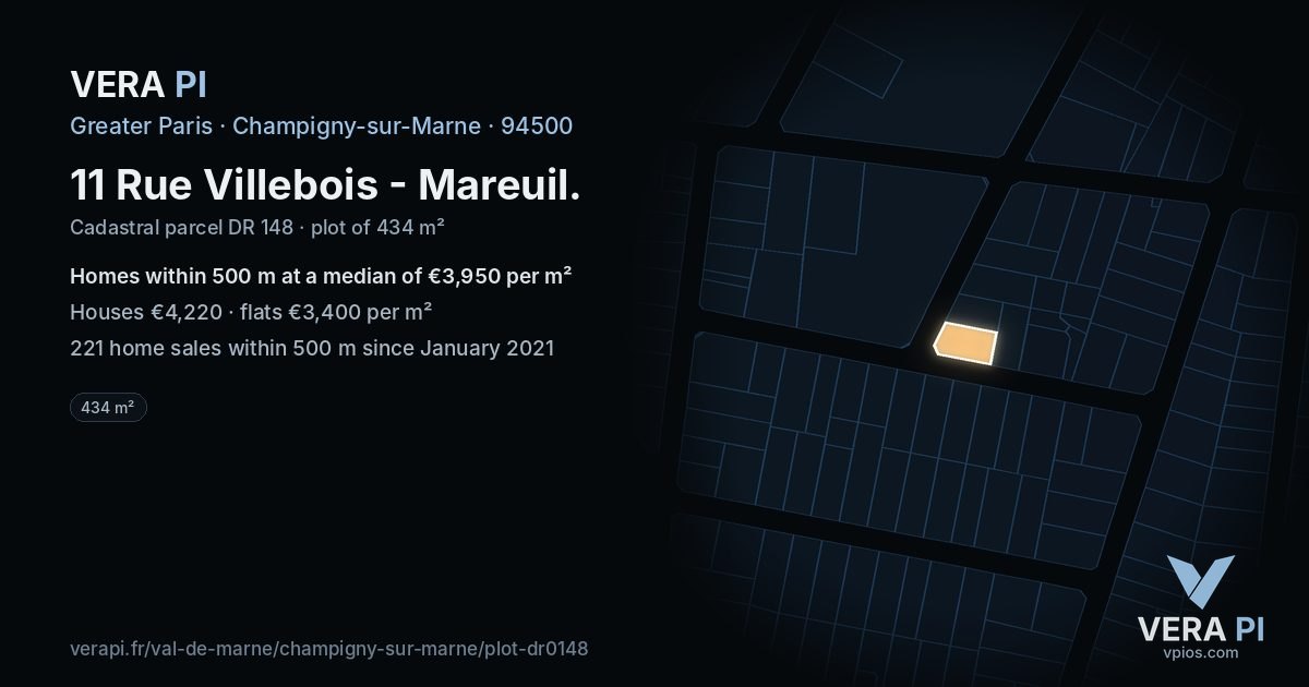 11 Rue Villebois - Mareuil, Champigny-sur-Marne at night – the plot lit, the parcels around coloured by the prices near them