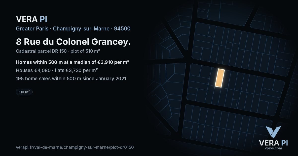 8 Rue du Colonel Grancey, Champigny-sur-Marne at night – the plot lit, the parcels around coloured by the prices near them