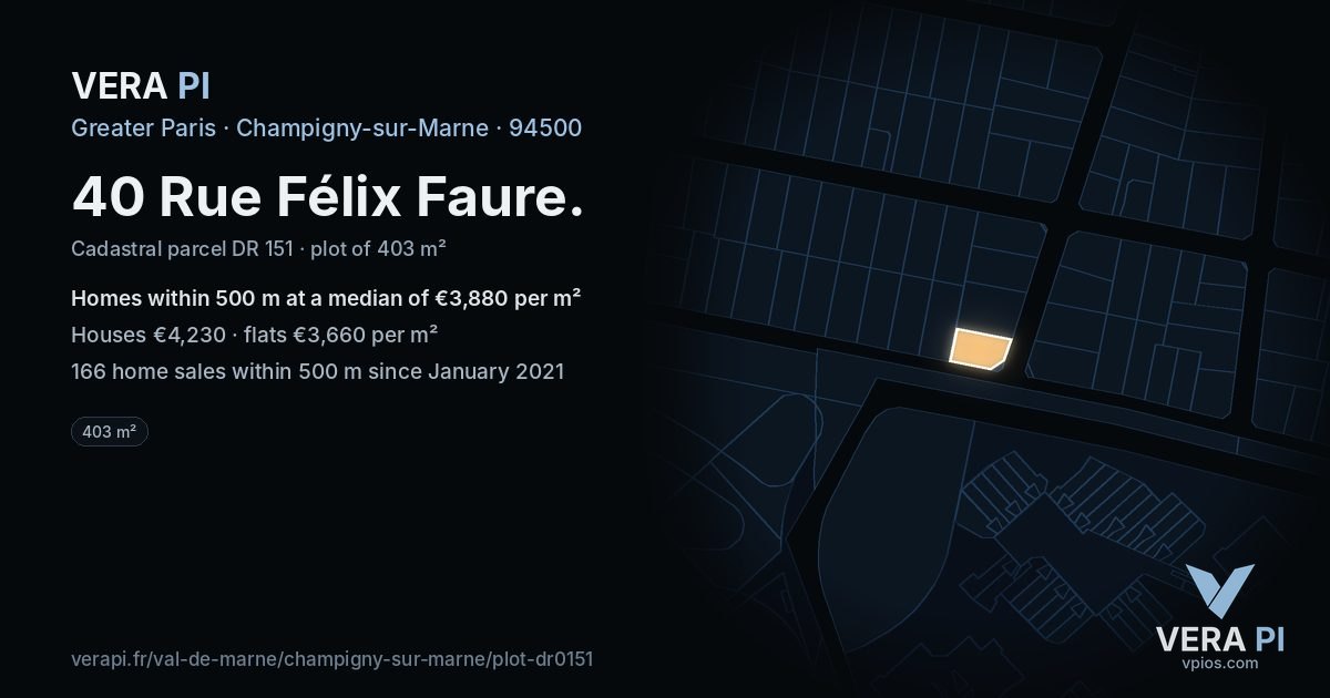 40 Rue Félix Faure, Champigny-sur-Marne at night – the plot lit, the parcels around coloured by the prices near them