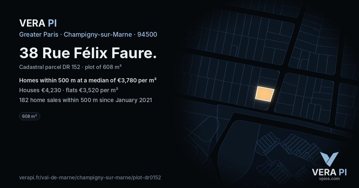 38 Rue Félix Faure, Champigny-sur-Marne at night – the plot lit, the parcels around coloured by the prices near them