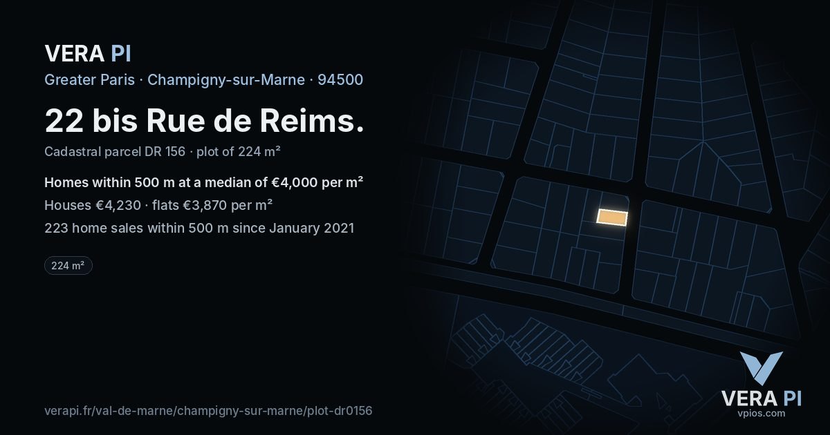 22 bis Rue de Reims, Champigny-sur-Marne at night – the plot lit, the parcels around coloured by the prices near them