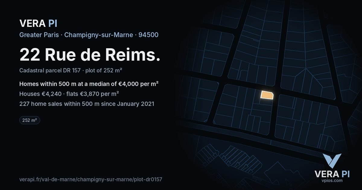 22 Rue de Reims, Champigny-sur-Marne at night – the plot lit, the parcels around coloured by the prices near them