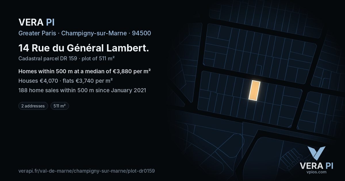 14 Rue du Général Lambert, Champigny-sur-Marne at night – the plot lit, the parcels around coloured by the prices near them