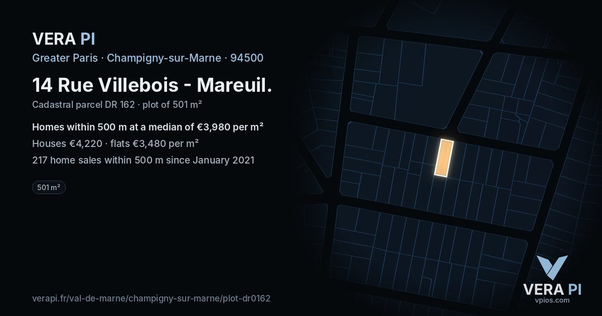 14 Rue Villebois - Mareuil, Champigny-sur-Marne at night – the plot lit, the parcels around coloured by the prices near them