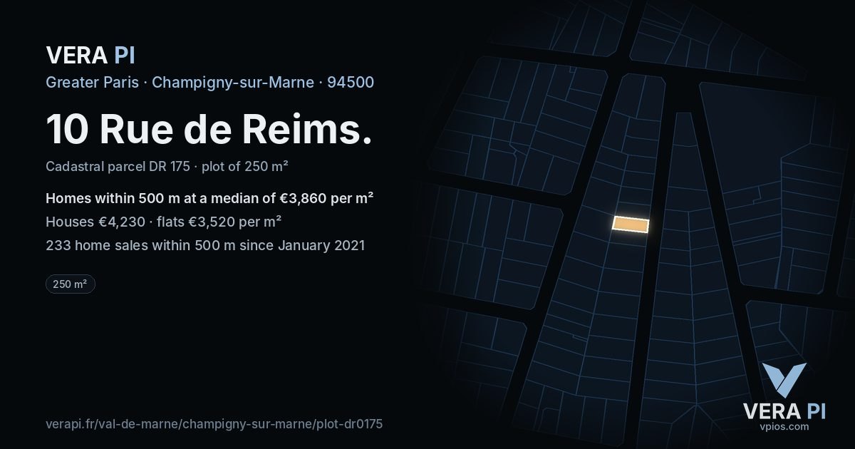 10 Rue de Reims, Champigny-sur-Marne at night – the plot lit, the parcels around coloured by the prices near them