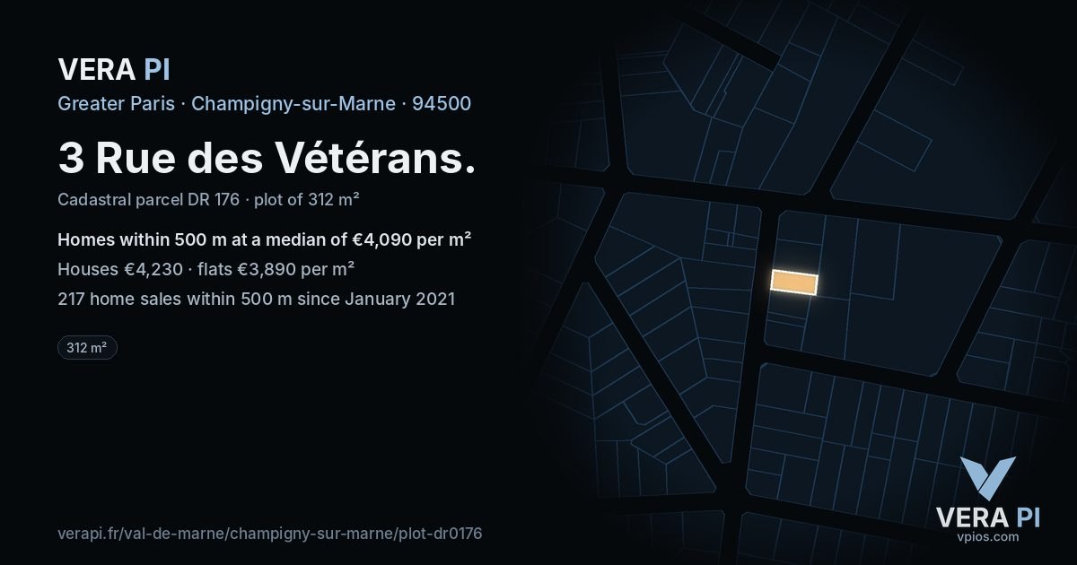 3 Rue des Vétérans, Champigny-sur-Marne at night – the plot lit, the parcels around coloured by the prices near them