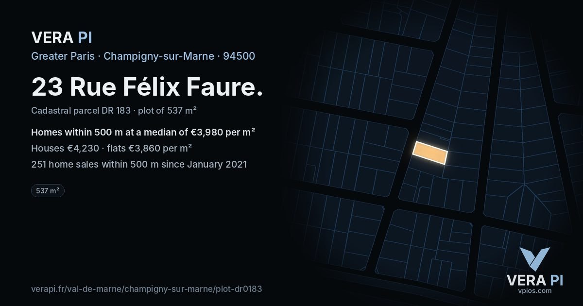 23 Rue Félix Faure, Champigny-sur-Marne at night – the plot lit, the parcels around coloured by the prices near them