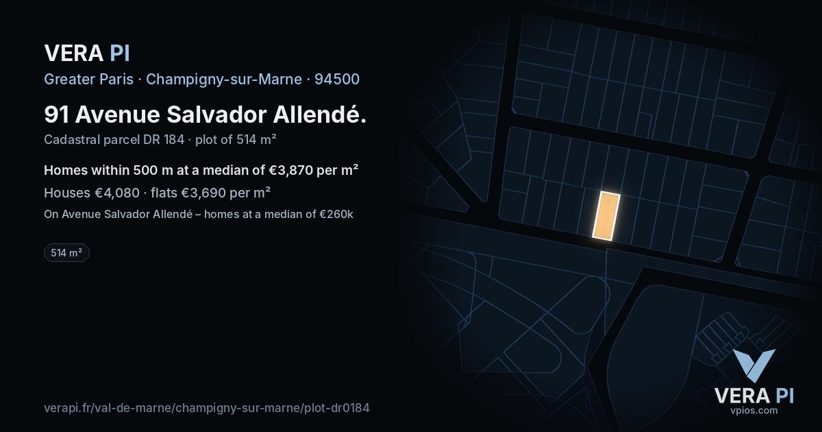 91 Avenue Salvador Allendé, Champigny-sur-Marne at night – the plot lit, the parcels around coloured by the prices near them