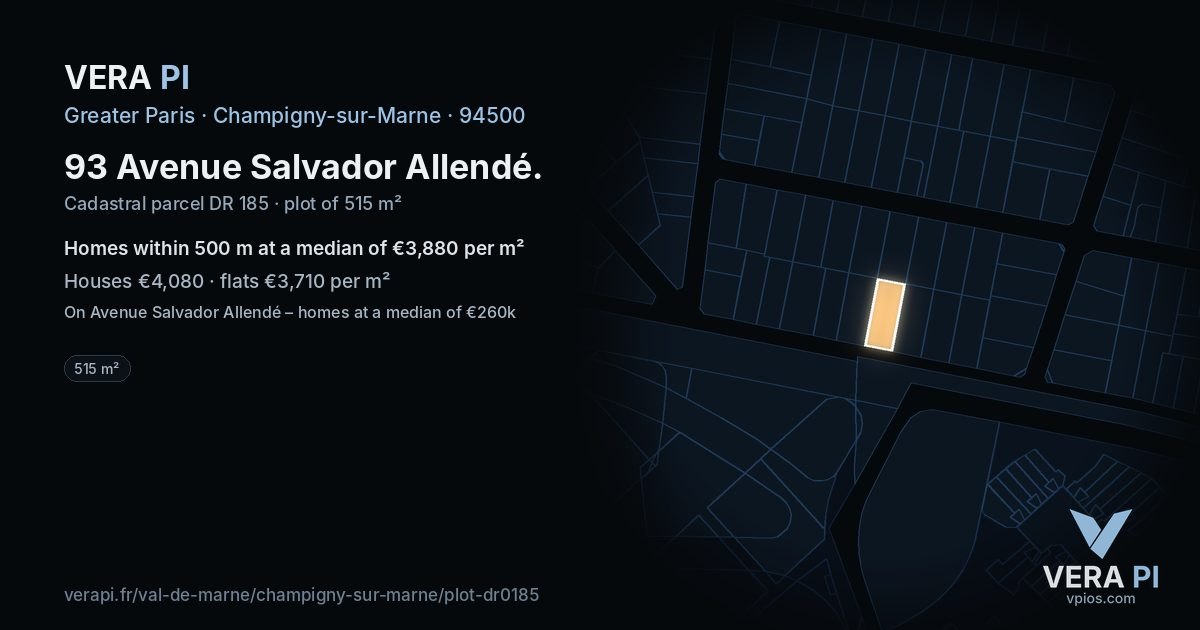 93 Avenue Salvador Allendé, Champigny-sur-Marne at night – the plot lit, the parcels around coloured by the prices near them