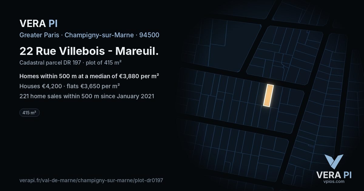 22 Rue Villebois - Mareuil, Champigny-sur-Marne at night – the plot lit, the parcels around coloured by the prices near them