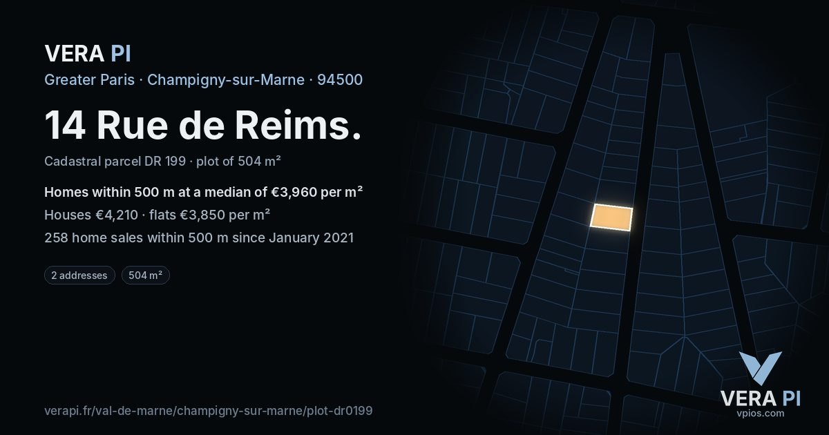 14 Rue de Reims, Champigny-sur-Marne at night – the plot lit, the parcels around coloured by the prices near them